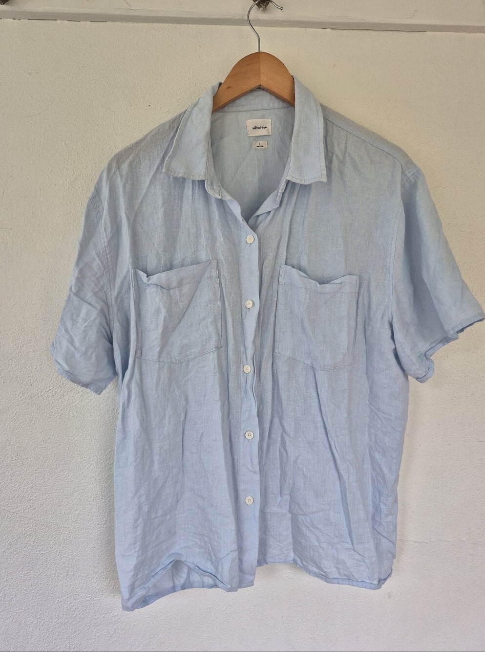 Aritzia Wilfred Free Linen Blend Short Sleeve Blouse Large Light Blue - Picture 1 of 8